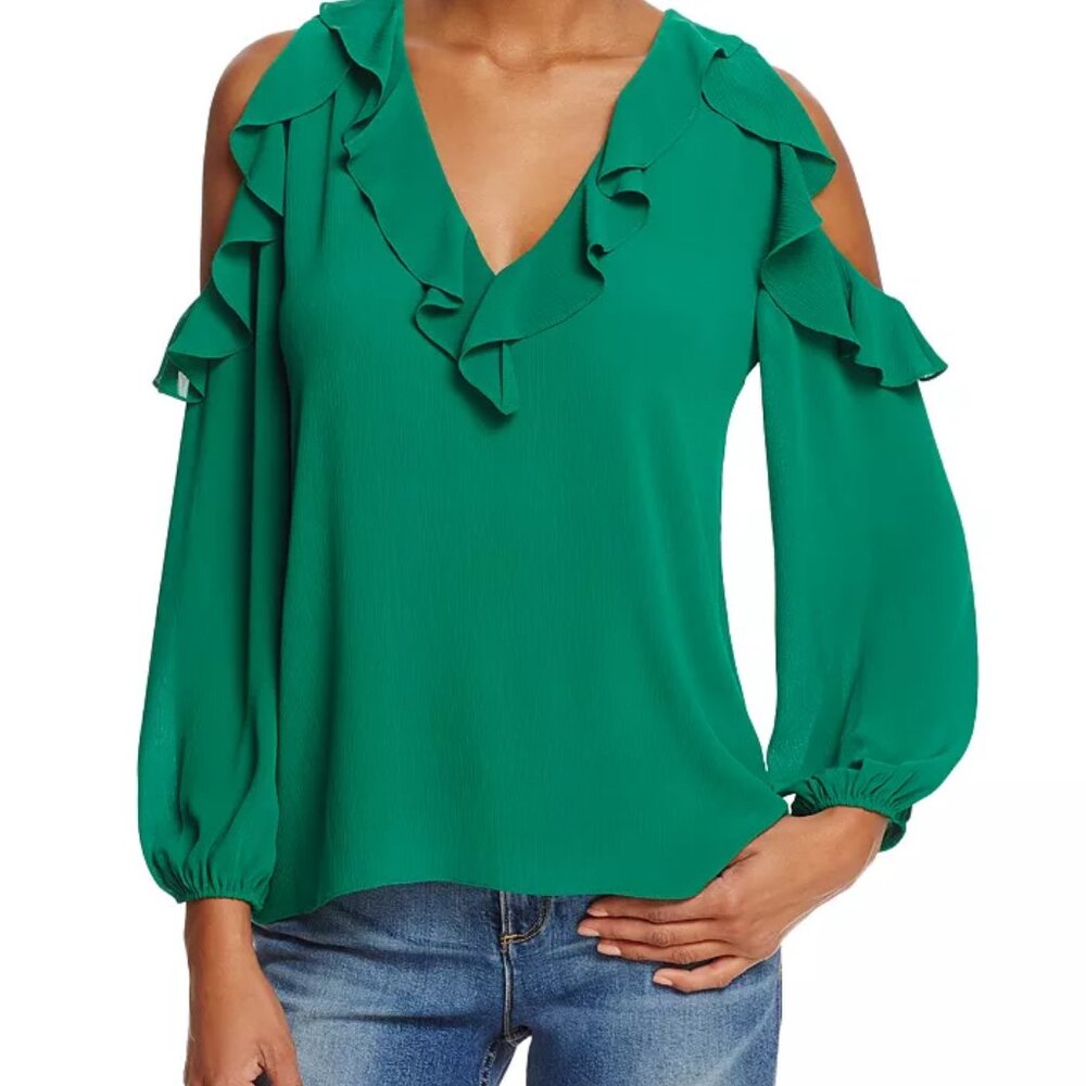 Womens Alice + Olivia Gia Green V-Neck Ruffled Cold Shoulder Blouse Top XS